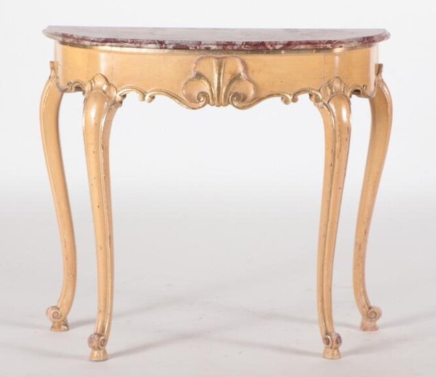 A PAINTED REGENCY STYLE MARBLE TOP CONSOLE TABLE