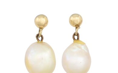 A PAIR OF BAROQUE CULTURED PEARL EARRINGS, mounted in 9ct ye...