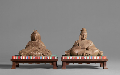 A PAIR OF CARVED WOOD SCULPTURES OF HINA NINGYO SHOWA PERIOD (20TH CENTURY), EACH SIGNED KOUN TO