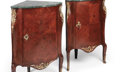 A PAIR OF CONTINENTAL MARBLE-TOPPED ORMOLU-MOUNTED FLORAL MARQUETRY CORNER CABINETS, 19TH CENTURY