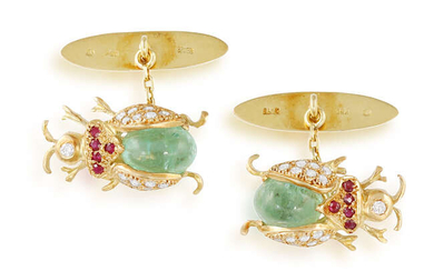 A PAIR OF EMERALD, RUBY AND DIAMOND CUFFLINKS...