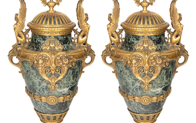 A PAIR OF FRENCH LOUIS XVI STYLE ORMOLU-MOUNTED MARBLE URNS, FERDINAND BARBEDIENNE, PARIS, THIRD QUARTER OF 19TH CENTURY