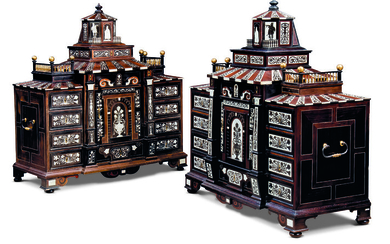A PAIR OF GERMAN GILT-METAL MOUNTED EBONY AND IVORY MARQUETRY SNAKEWOOD AND WALNUT CABINETS
