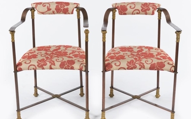 A PAIR OF ITALIAN WROUGHT IRON AND UPHOLSTERED SIDE CHAIRS WITH A COPPER FINISH, 79CM H, 53W, 54CM D