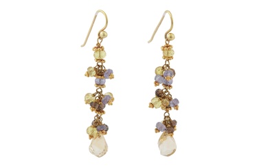 A PAIR OF MULTI-COLOURED SAPPHIRE AND CITRINE EARRINGS