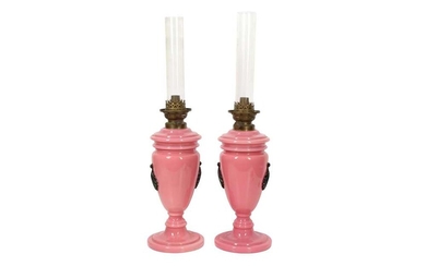 A PAIR OF PINK OPALINE VASES CONVERTED INTO OIL LAMPS Possibly France, ca. 1890 - 1930