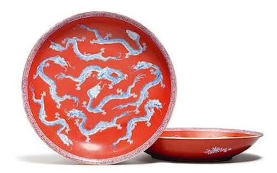 A PAIR OF RED-GROUND DRAGON DISHES.