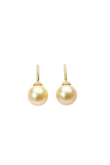 A PAIR OF SOUTH SEA PEARL AND DIAMOND EARRINGS