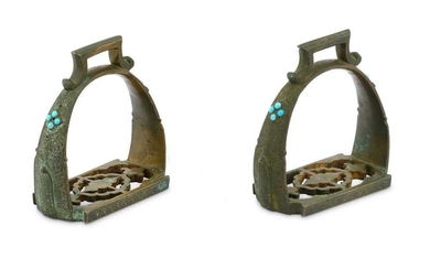 A PAIR OF TURQUOISE-ENCRUSTED BRONZE STIRRUPS Possibly Mongolia or Xinjiang, Central Asia, 18th century