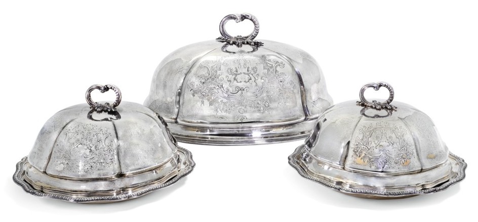 A PAIR OF VICTORIAN SILVER VEGETABLE DISHES AND COVERS, AND A MATCHING MEAT DOME, ROBERT GARRARD, LONDON, 1866