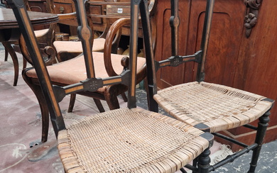 A PAIR OF VICTORIAN WALNUT INLAID EBONY SIDE CHAIRS WITH BASKET WORK SEATS