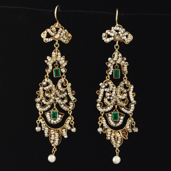 A Pair of Fine Wirework, Seed Pearls, and Green Stone Earrings