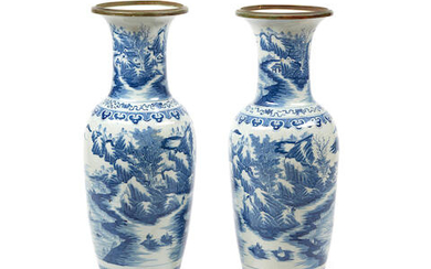 A Pair of Gilt Metal Mounted Chinese Blue and White Porcelain Floor Vases