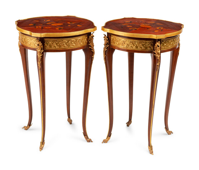 A Pair of Louis XV Style Gilt Metal Mounted Marquetry Tables