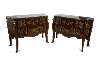 A Pair of Louis XV Style Marble Top and Gilt Bronze Mounted Commodes