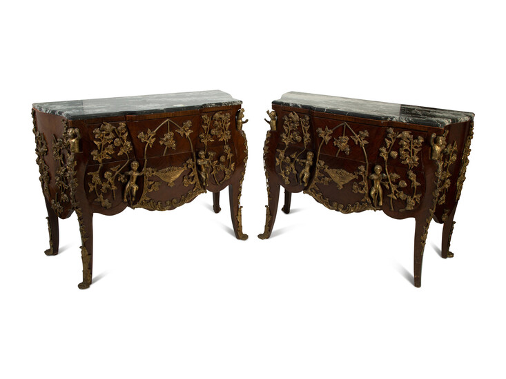 A Pair of Louis XV Style Marble Top and Gilt Bronze Mounted Commodes