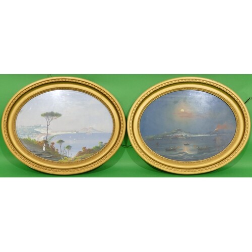 A Pair of Oval Gouache and Watercolours depicting mount Vesu...