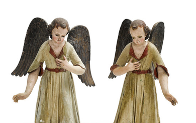 A Pair of Polychromed Carved Wood and Plaster Soaked Cloth Figures of Angels