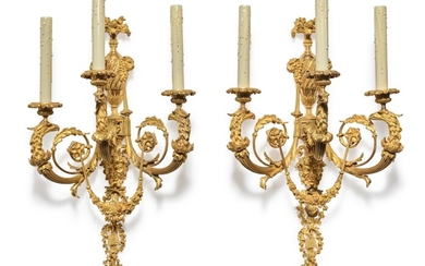 A Pair of Restauration Gilt Bronze Three-Branch Wall Lights, After the Model Supplied by Louis-Gabriel Féloix to the French Court in 1787, Circa 1820