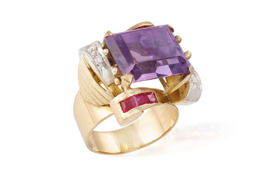 A RETRO AMETHYST, RUBY AND DIAMOND COCKTAIL RING...