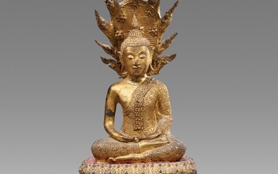 A Ratanakosin gilt lacquered bronze figure of Buddha Mucalinda. Thailand, 19th century