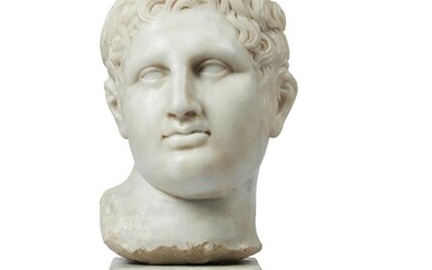 A SCULPTED WHITE MARBLE ROMAN HEAD