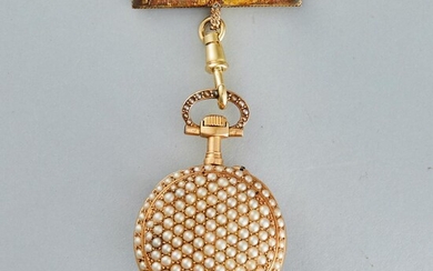A SMALL GOLD AND SEED PEARL BROOCH PIN POCKET WATCH