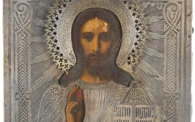 A SMALL ICON SHOWING CHRIST PANTOKRATOR WITH A SILVER OKLAD