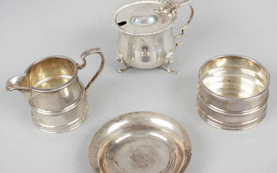 A Scottish silver cream jug & sugar bowl, plus a circular dish & a silver mustard pot. (4).
