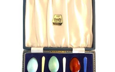 A Set of Six Sterling Silver and Enamel Tea Spoons, Birmingham Assay, maker: Barker Ellis Silver Company, Retailed Through Wendts circa 1970's, in Original Box