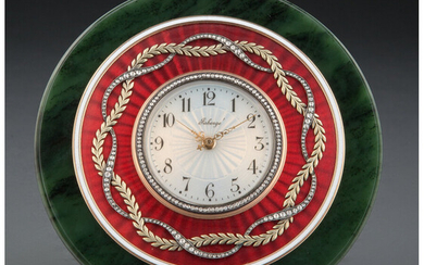 A Spinach Jade, 14K Vari-Color Gold, Diamond, and Guilloché Enamel Clock in the Manner of Fabergé, (late 20th century)