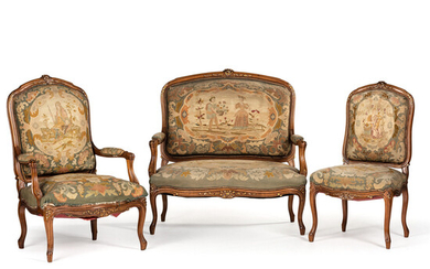 A Suite of Louis XV-Style Carved Walnut Needlework Upholstered Seating Furniture