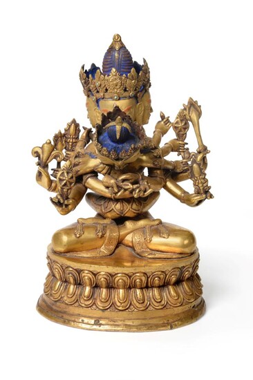 A Tibetan Gilt-Bronze Figure of Guhyasamaja Akshobhyavajra and Consort, 18th century, the...
