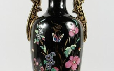 A VICTORIAN BLACK GLASS TWO-HANDLED VASE, painted with