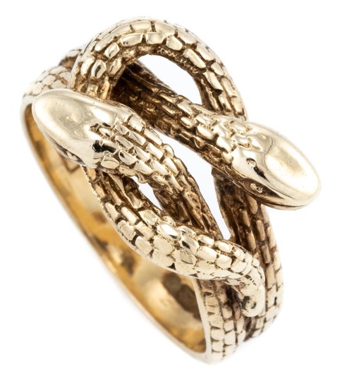 A VINTAGE 9CT GOLD SNAKE RING; entwined snakes, hallmarked SJ, London 1973, size L1/2, wt. 4.18g.