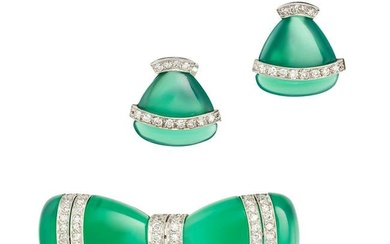 A VINTAGE CHRYSOPRASE AND DIAMOND BROOCH AND EARRINGS SUITE the brooch designed as a bow set with