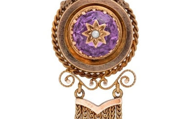 A Victorian Yellow Gold, Amethyst and Seed Pearl Brooch