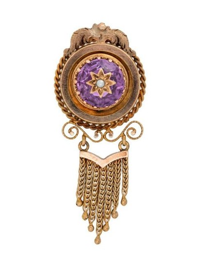 A Victorian Yellow Gold, Amethyst and Seed Pearl