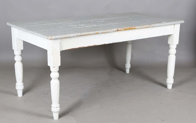 A Victorian painted pine kitchen table, raised on turned legs, height 71cm, length 153cm, depth 77cm