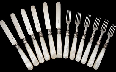 A Victorian set of six mother of pearl handled silver fruit knives and forks