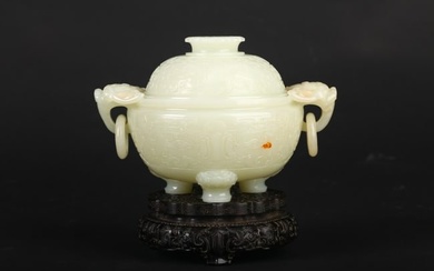 A WHITE JADE 'TAOTIE' TRIPOD CENSER AND COVER