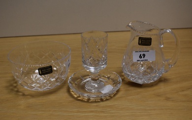 A Whitefriars clear crystal glass jug, with cut design, a bowl to match, and a cut glass cigarette