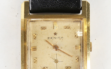 A Zenith 18ct gold rectangular cased gentleman's wristwatch, the signed jewelled circular movem