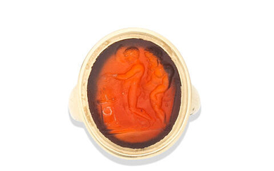 A carnelian intaglio of a satyr and a youth at an altar, probably Roman, Probably circa 1st-2nd Century A.D.