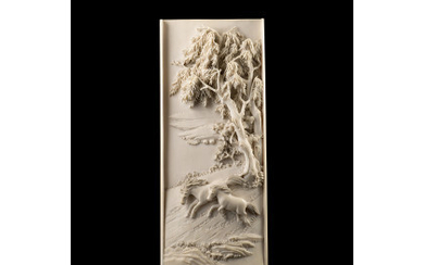 A carved ivory screen decorated with a pair of horses in a landscape scene, wood base (slight defects) China, early...