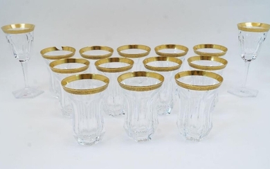 A collection of Moser cut crystal glasses, 20th century, etched factory mark to underside, each with gilded vine border to the rim, to include two hexagonal panelled goblets on tapering stems and hexagonal feet, 18.7cm high, 8.5cm diameter, and...