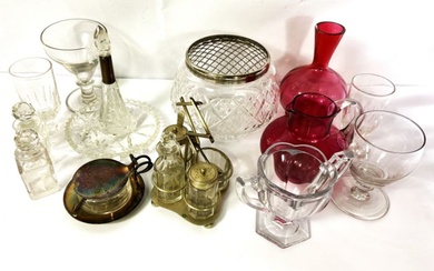 A collection of assorted glassware, including a Cranberry glass vase and jug; a cut glass rosebowl