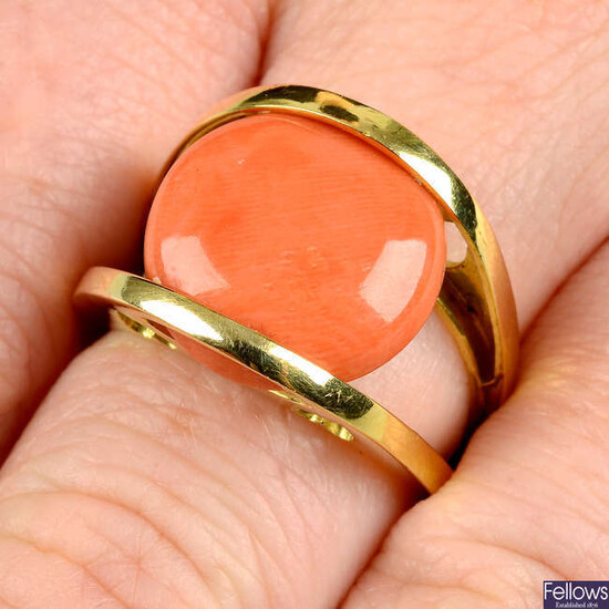 A coral cabochon ring, with pierced hearts gallery.