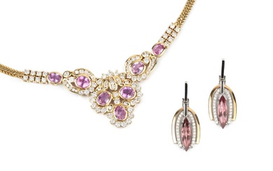 A diamond and pink stone necklace, the seven oval cut...