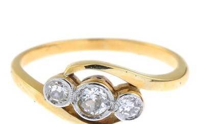 A diamond three-stone ring.Estimated total diamond weight 0.15ct,...